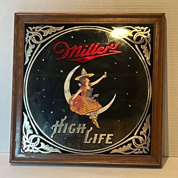 Vintage Miller High Life “Half Moon Girl” Mirror Sign 1980'S. 14”x14”